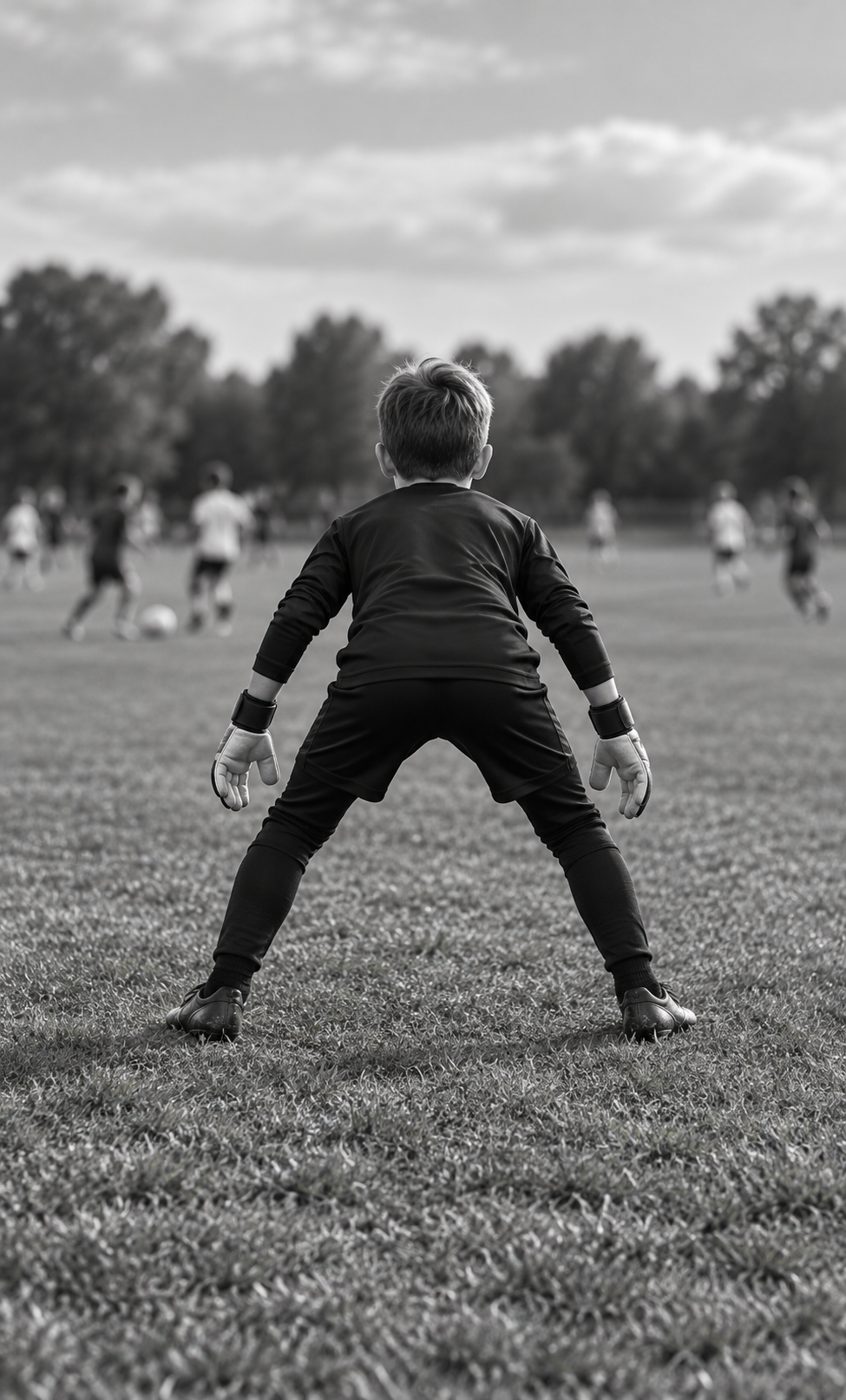 Arquero infantil de espaldas en posición de preparación sobre la cancha